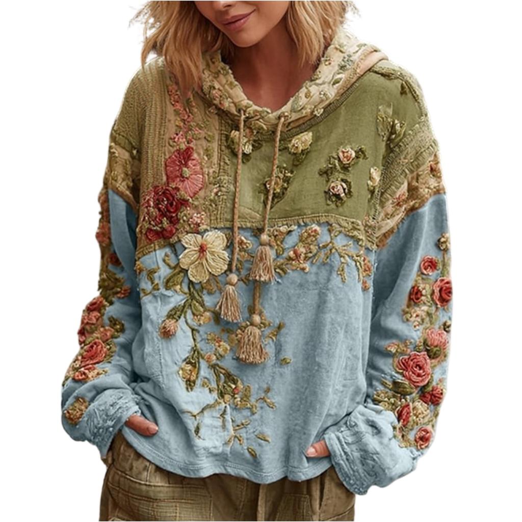 Dámská móda Dlouhý rukáv S kapucí Vintage Patchwork Květinový potisk Ležérní mikina Top