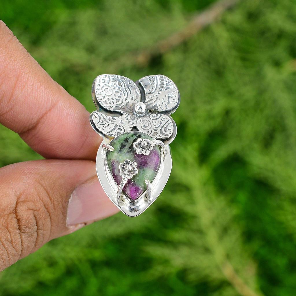 Thanks Giving Day Sale 925 Sterling Silver Pear Ruby Zoisite Gemstone Bezel Ring