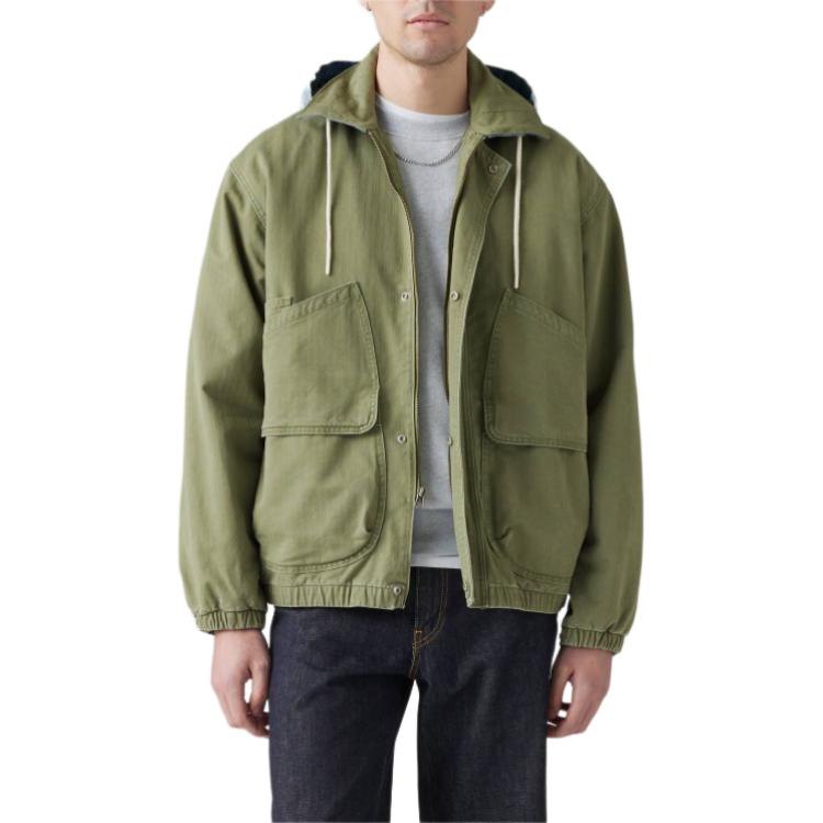 Levis Solid Color Hooded Zip-Up Loose Long Sleeve Jacket Men Jackets Green A8614-0001