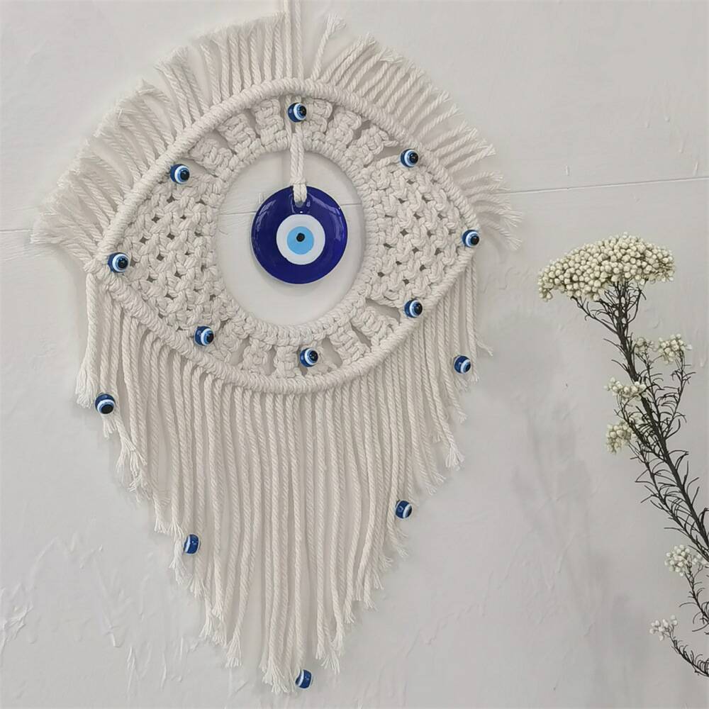 Evil Eye Macramé Wall Hanging - Handmade Boho Tapestry - 33x28cm - Lucky Amulet For Home & Bedroom