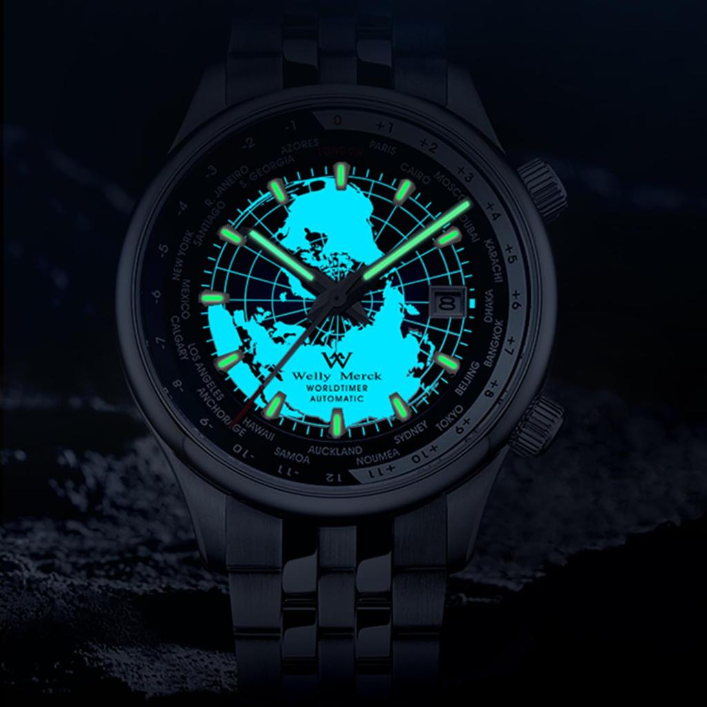 Herrenuhr mit Weltzeitfunktion, 100M Wasserdichtigkeit, Schlicht, Stilvoll, Beliebt und Formell - WM057 - Silber Schwarz