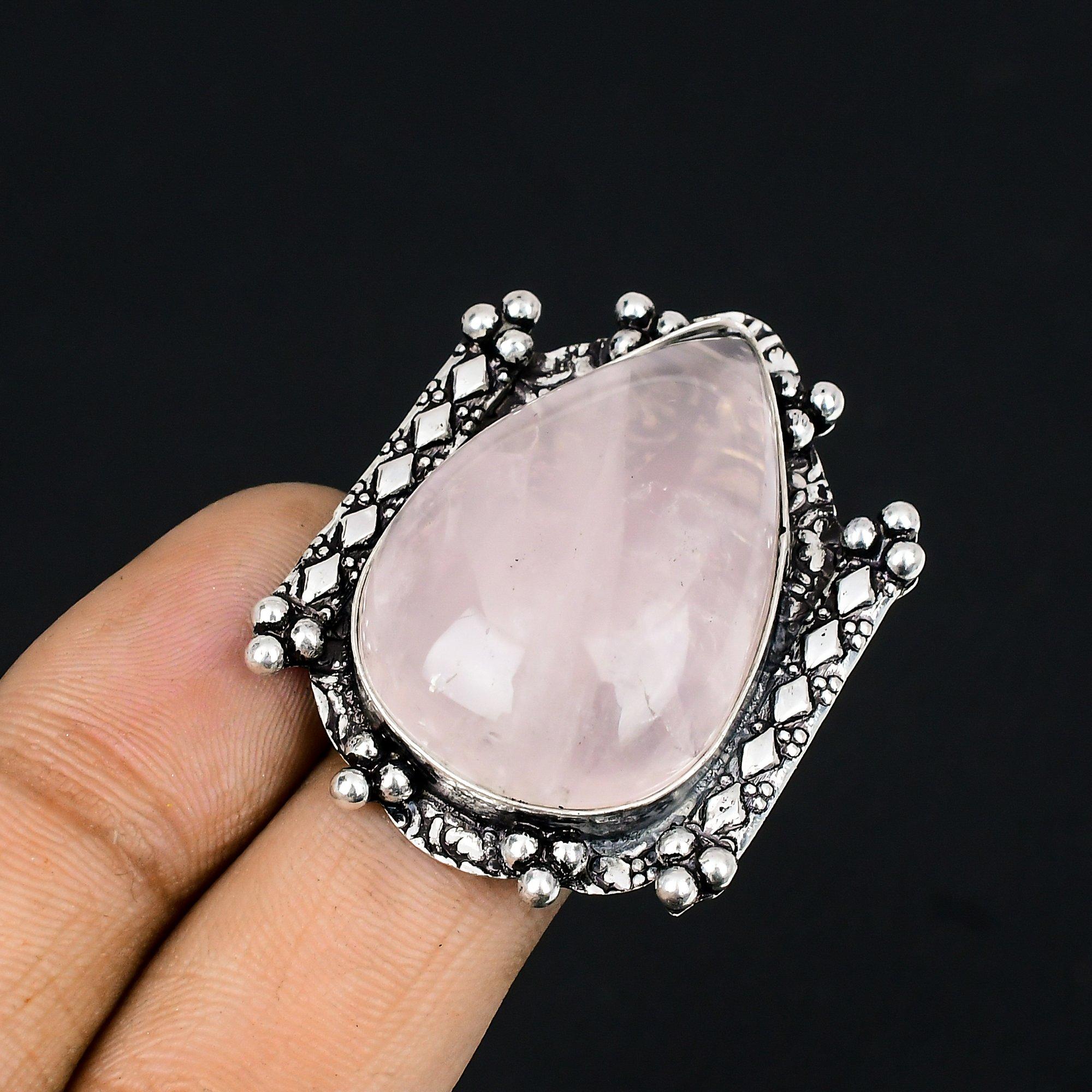Daughters Day Sale 925 Silver Pear Rose Quartz Gemstone Promise Wife Ring US 7.5 7.5