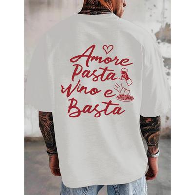 Men's Italian & Wine T-Shirt - Pasta Print with Italian Phrases "Amore Pasta, Vino E Basta" - Casual Short Sleeve Shirt, Relaxed Fit Gift for Pasta