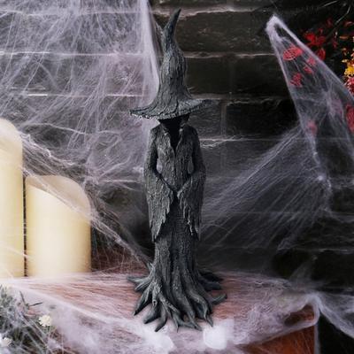 Halloween Tree Root Witch Statue Spooky Black Witch Figurine Resin Sculpture Home Office Holiday Party Decoration Ornament