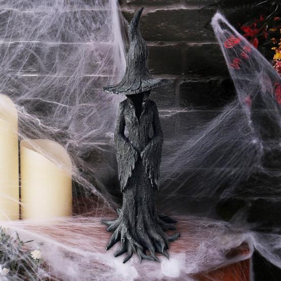 Yousheng Halloween Tree Root Witch Statue Spooky Black Witch Figurine Resin Sculpture Home Office Holiday Party Decoration Ornament