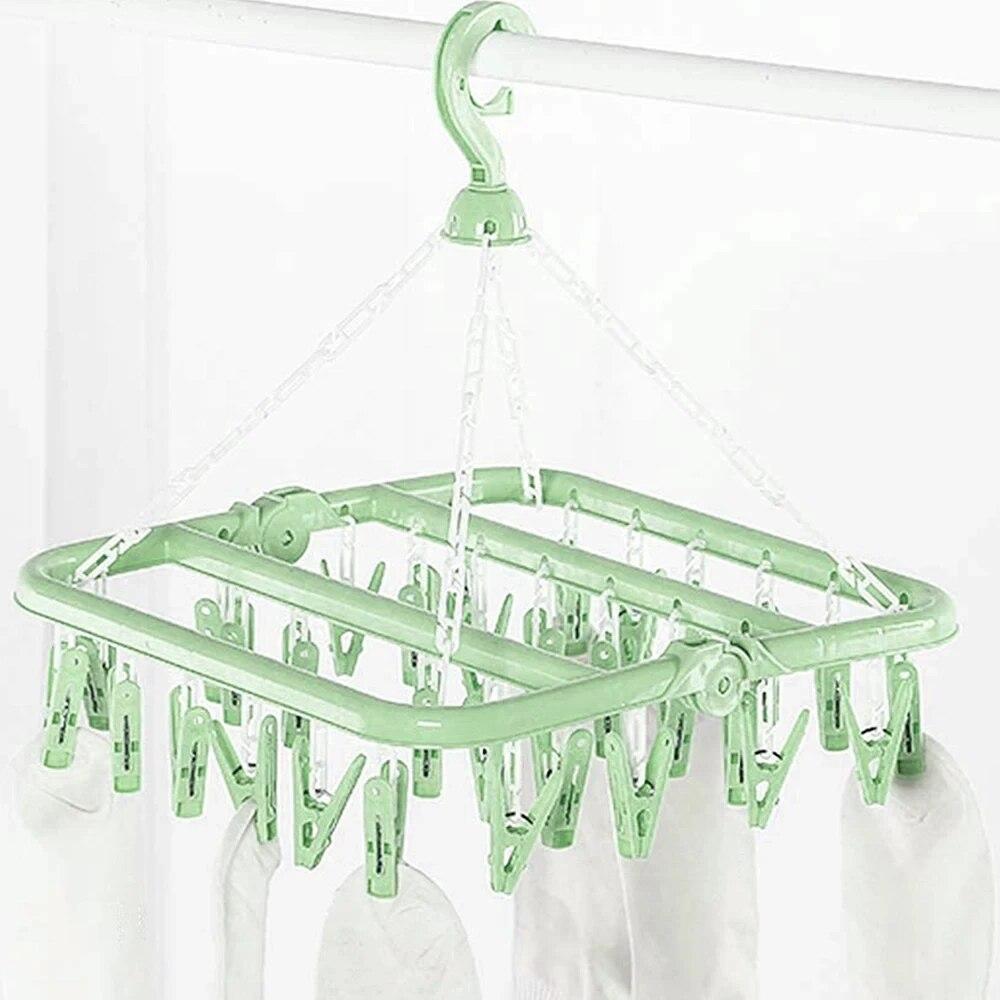 1PC Clothes Drying Hanger with 32 Clips Socks Underwear Drying Folding Laundry Hanging Rack