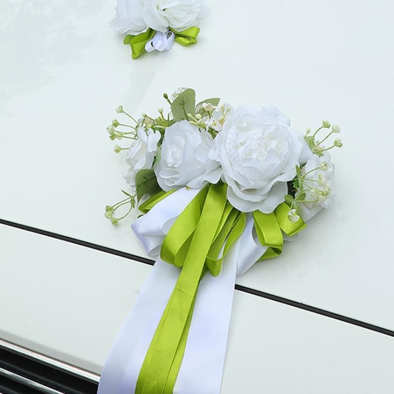 Realistic Faux Floral Arrangement Set For Bridal Vehicle Decoration In White Green Color Scheme