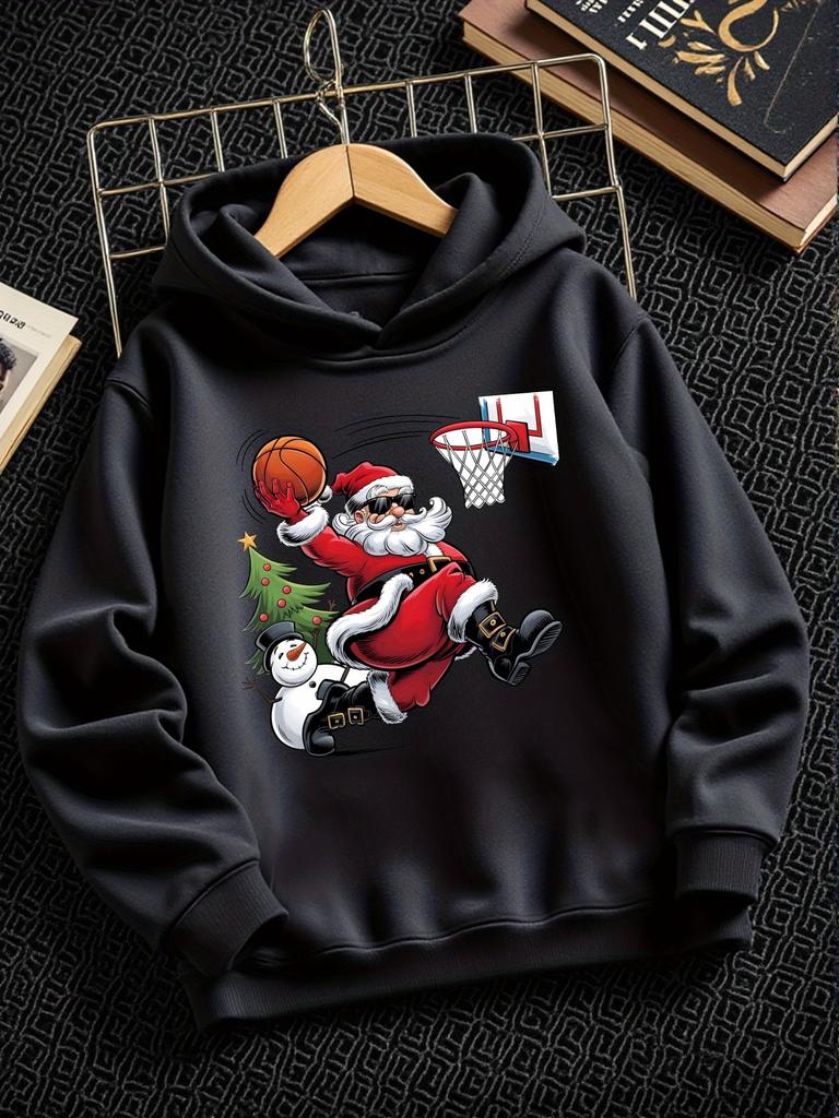 Kerstman Speelt Basketbal – Trendy Casual Hoodies voor Jongens en Meisjes (Herfst/Winter), Geschikt voor buitenactiviteiten