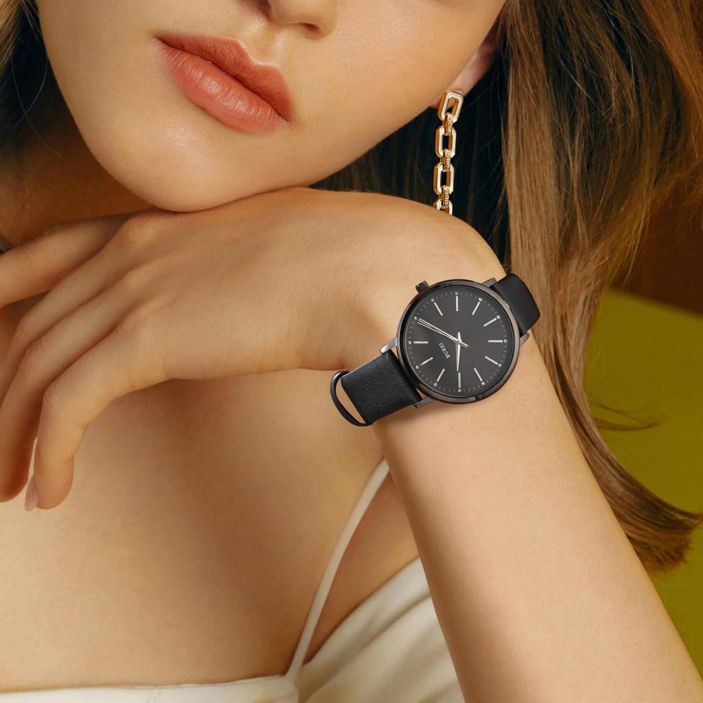 BUREI Women's Watch Analog Quartz Waterproof Fashion Leather Strap Casual Lightweight Stylish Gift (black)