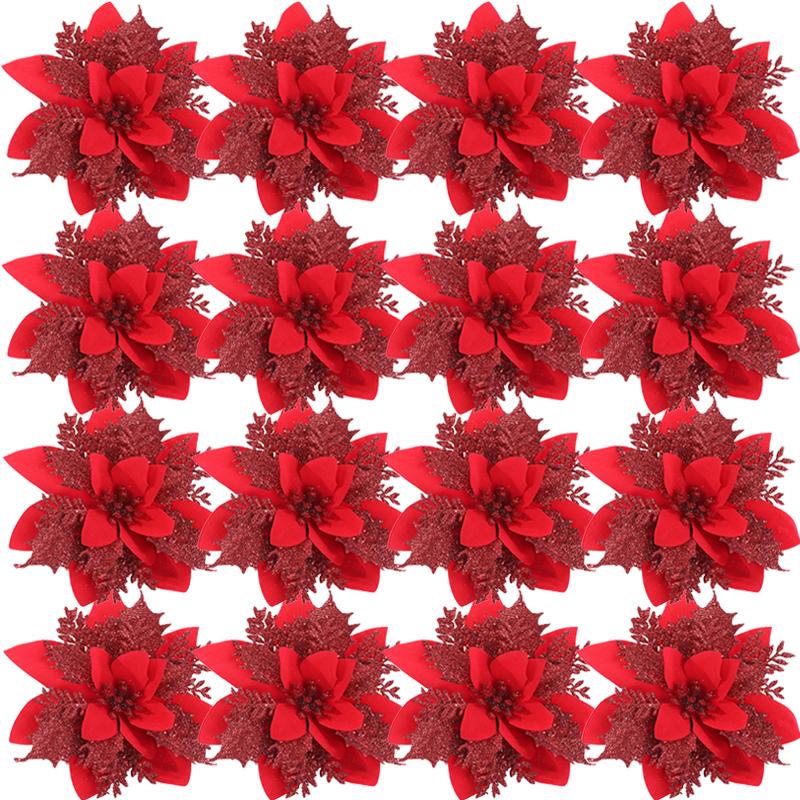 Artificial Poinsettia Christmas Flowers Red Gold Sparking Glitter Fake Flower for Xmas Tree Ornaments Florals Party Home Decor