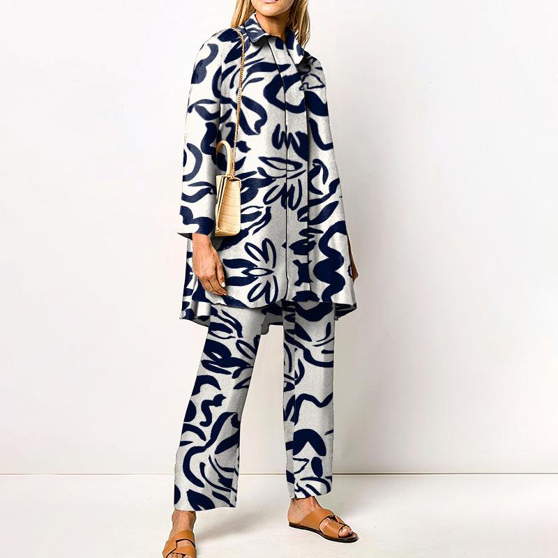 Grünes geometrisches Print Damenhemd und Wide Leg Hosen Kombinationsset