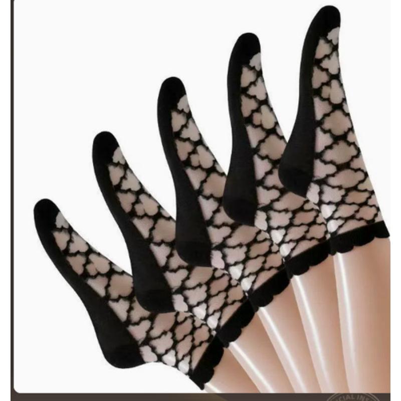 Ultra-thin Transparent Crystal Silk Socks Women Fashion Summer Harajuku Crew Socks Retro Flower Streetwear Elastic Long Socks