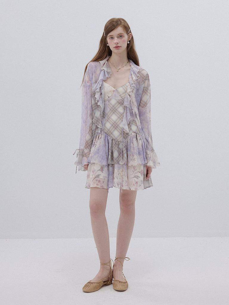 Sinseuden Lavender Floral Patchwork Mini Dress