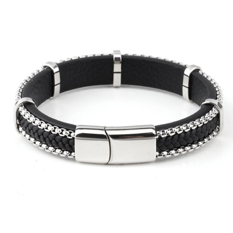 Herren-Armband aus Edelstahl, geflochtenes Lederarmband, modische Punk-Herrenarmbänder