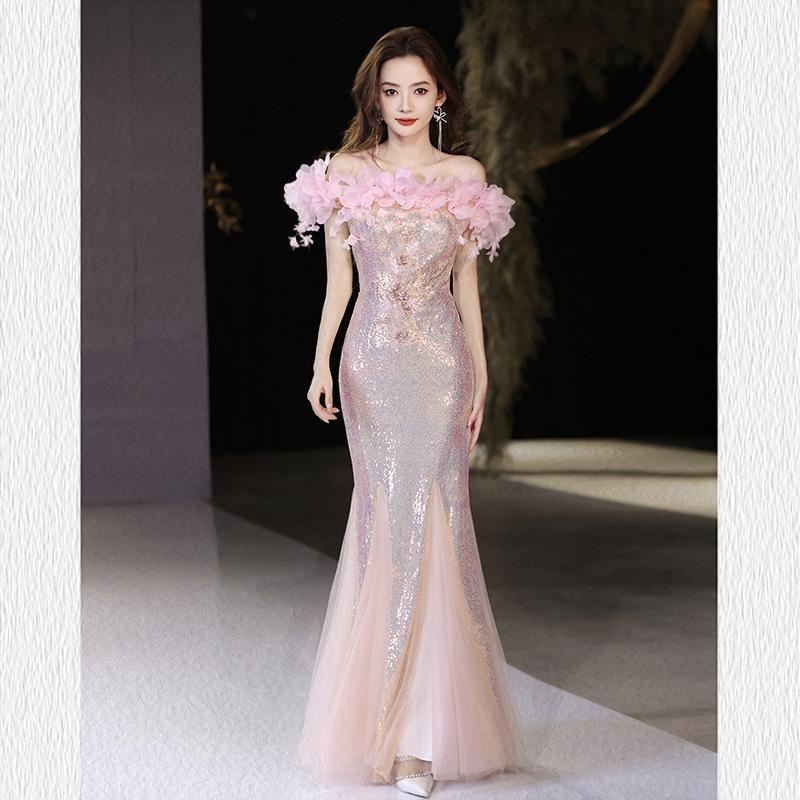 New Fishtail Evening Dress Dress High-end One-word Shoulder Light Luxury Niche Senior Host Sequined Annual Meeting Dinner Dress