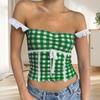Yousheng Plaid Print Tank Tops Lace Stitching Cami Crop Top Square Neck Sleeveless Sexy Short Tops Sling Vest Daily Wear