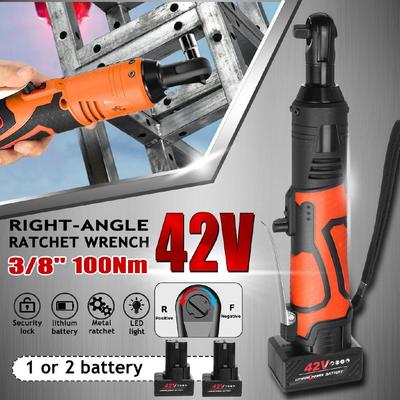42V 3/8" Cordless Ratchet Rechargeable Scaffolding 90N.m Right Angle Wrench Tool with 1/2Battery Charger Electric Wrench