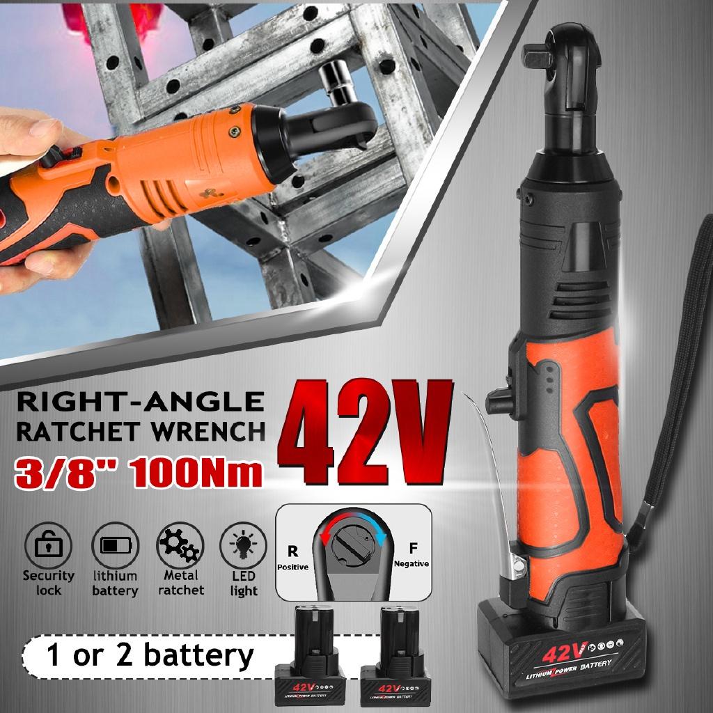 Elektrikli Somun Sıkma Anahtarı 42V 3/8" Kablosuz Cırcır Şarj Edilebilir İskele 90N.m Dik Açılı Anahtar Aleti 1/2 Pil Şarj Cihazı ile