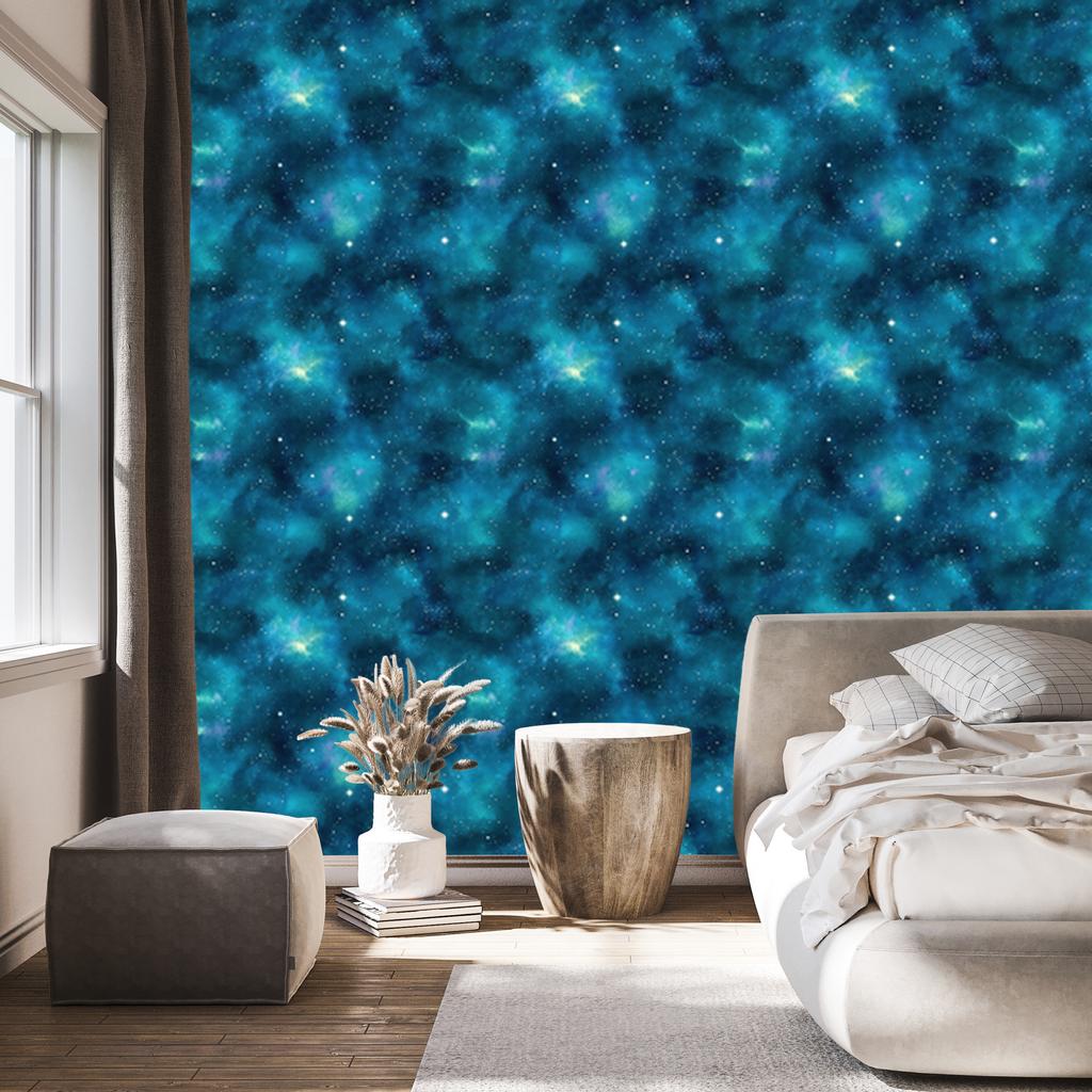 Watercolor Galaxy Wallpaper In Turquoise, Navy Blue, and Mint 50x1000