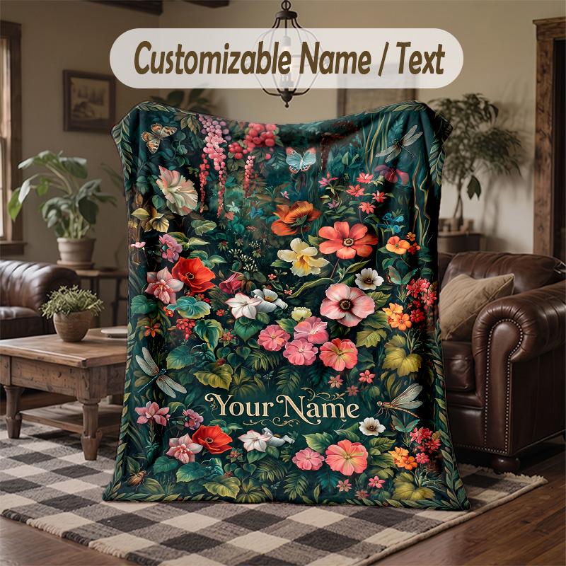 Floral Fantasy Garden 8 Theme Throw Blanket Custom Name Text Personalized Blanket Soft Cozy Blanket for Home Sofa Bed