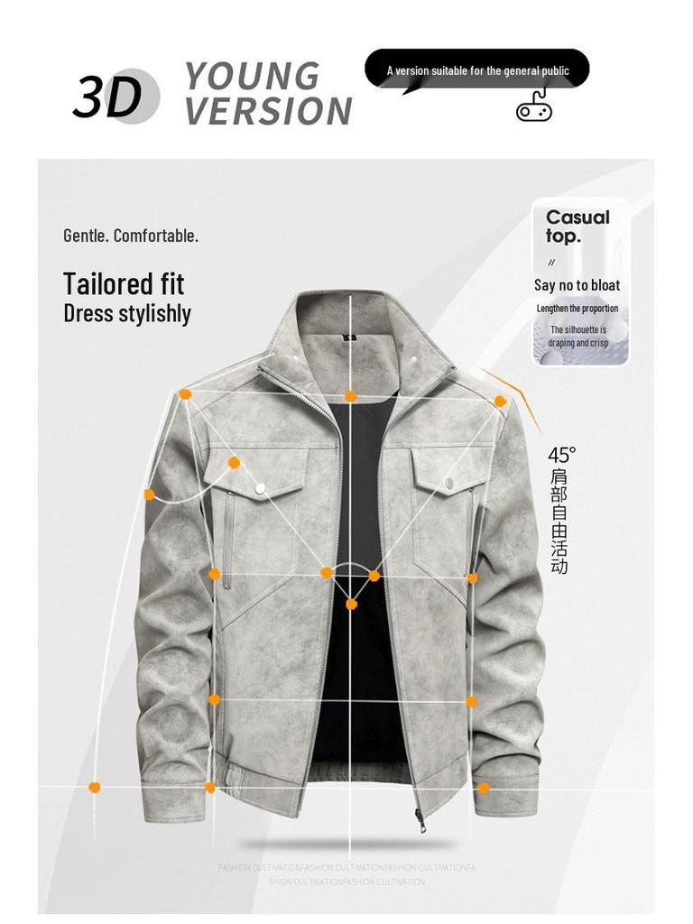 Men's Genuine Leather Stand Collar Jacket - Trendy, Versatile, Business Casual Motorcycle Outerwear