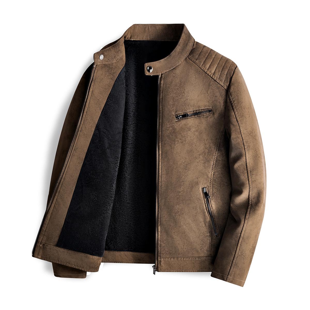 

Handsome Leather Jacket for Men with Velvet Slim-fitting Leather Jacket Korean Motorcycle Suit New Autumn and Winter Jacket L коричневый