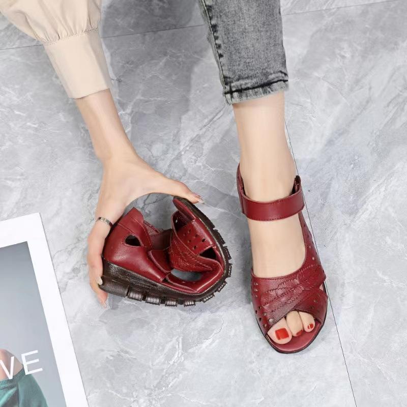 Fashion GKTINOO Women's Sandals Summer Genuine Leather Handmade Ladies Flats Sandals Women Soft Bottom Casual Non-slip Flat Mother Shoes