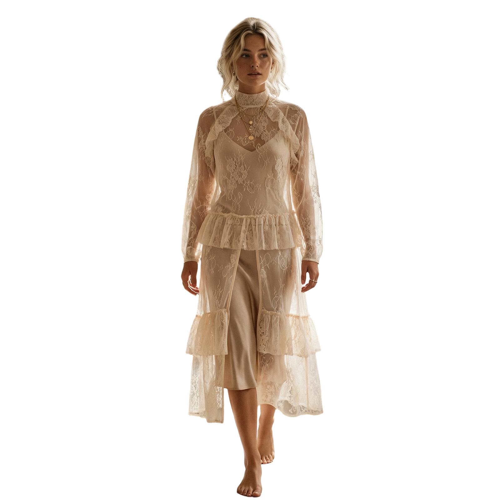 

Women Sheer Lace Tops Elegant See Through Long Sleeve High Neck Short Front Long Back Asymmetrical Flowy Cover Up L абрикосовий