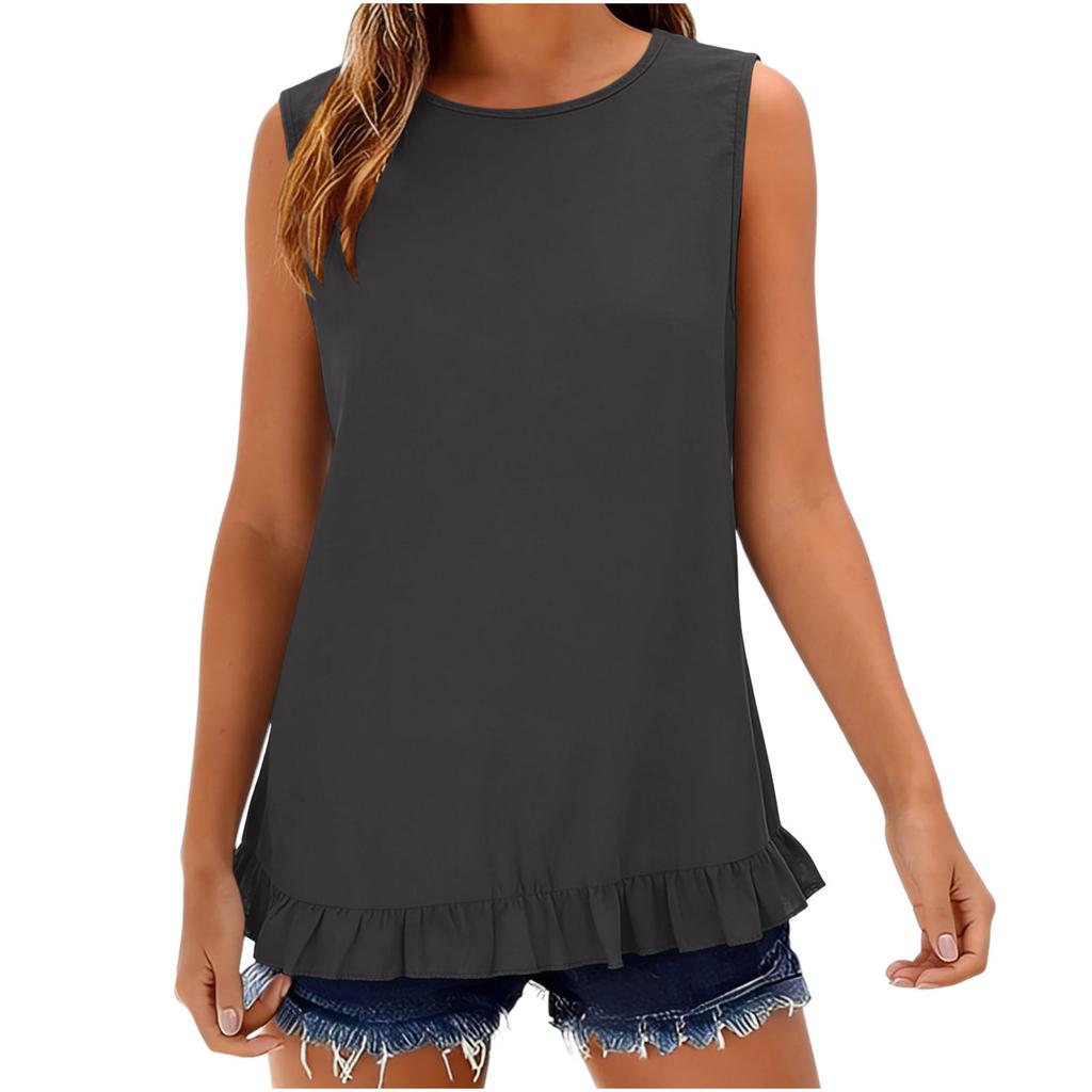 Women's Sleeveless Button Down Shirt Casual Summer Blouse Loose Fit Round Neck Ruffle Hem Lightweight Top