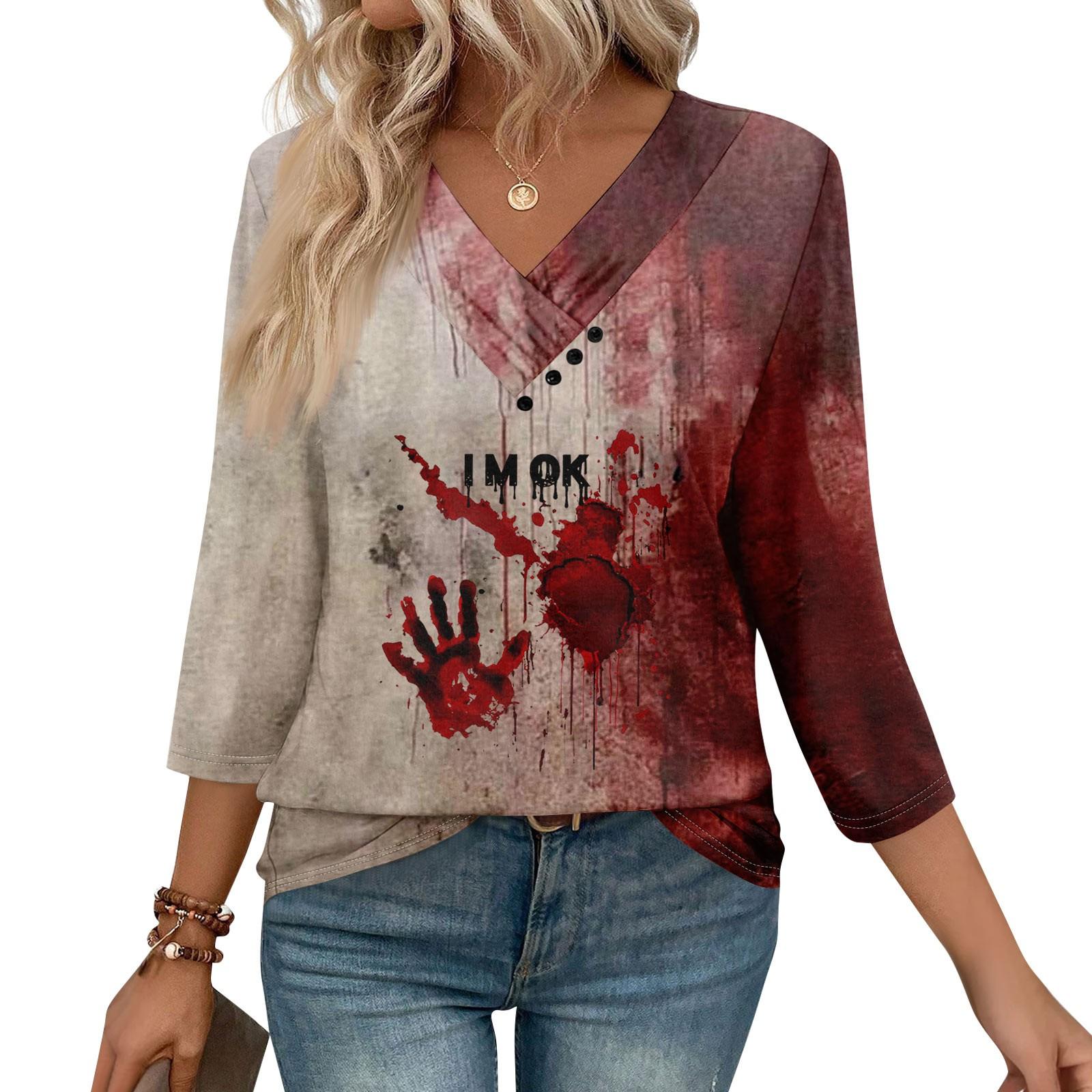 

Женские футболки с рукавом 3/4 для повседневной носки и выходных, с V-образным вырезом, повседневные, с принтом, свободного кроя, плиссированные, рубашки на пуговицах M