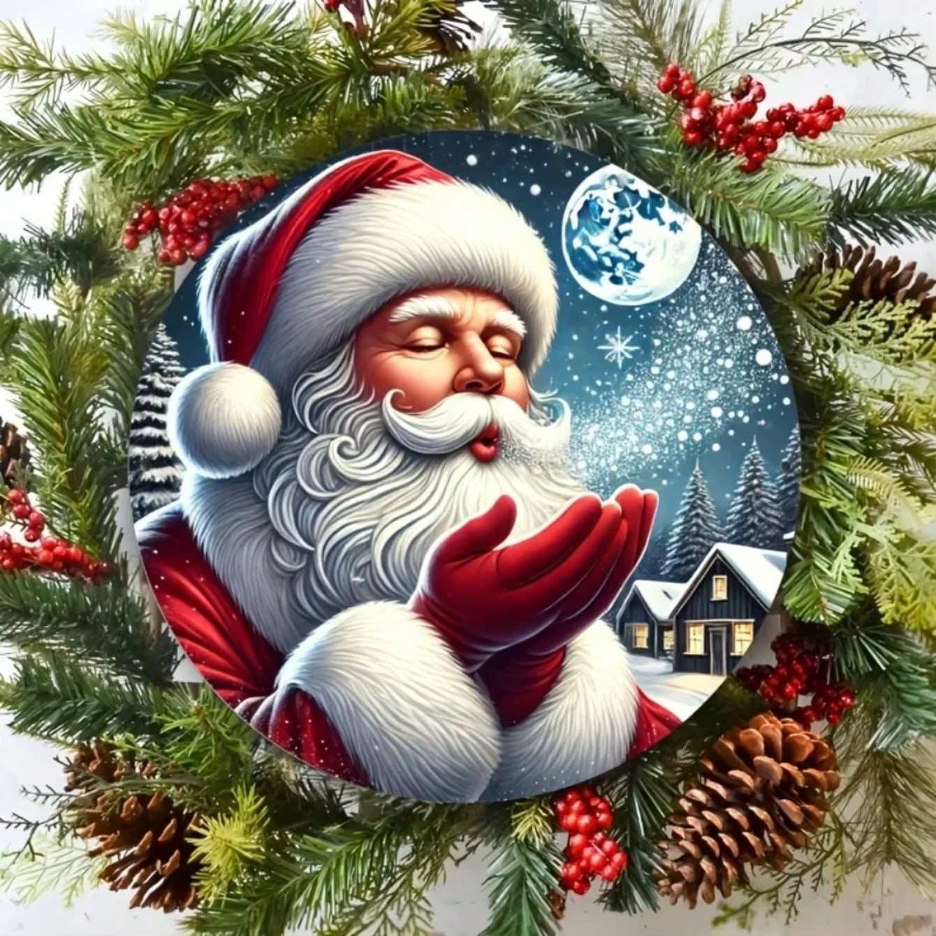 Iron Santa Claus 3D Wall Art, Rustic Christmas Snowflake Moon Decor, Farmhouse Holiday Gift 20x20