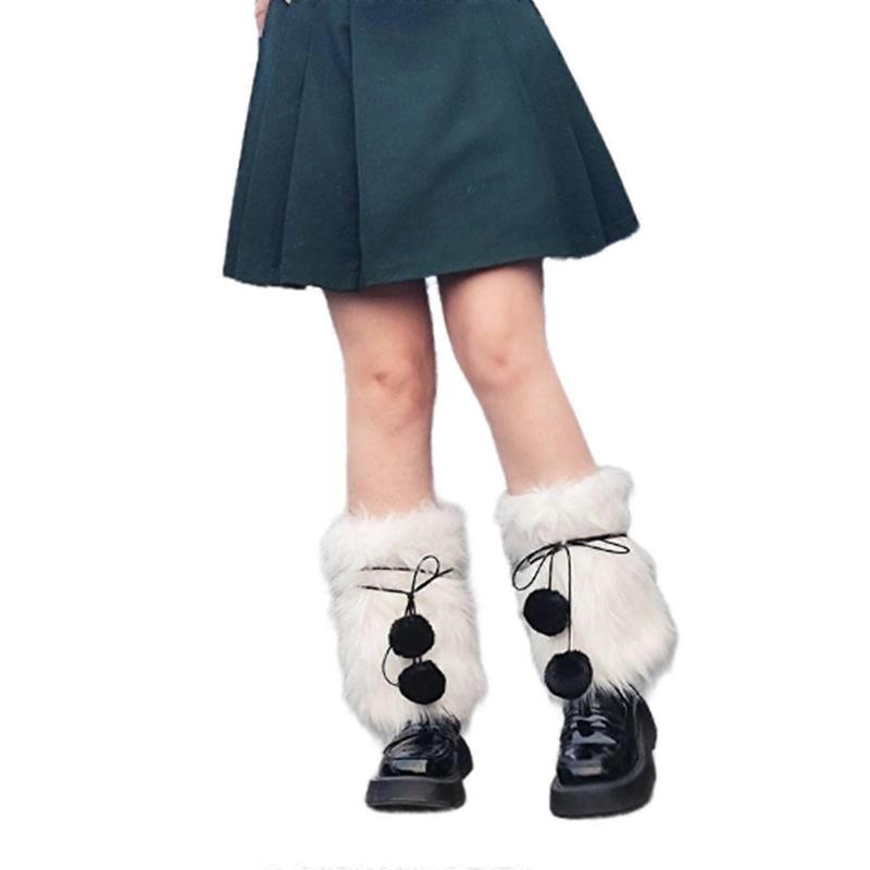 Faux Furs Leg Warmer,Warm Fuzzy Leg Warmer Boot Cuff Cover for Party Costumes Womens Fall Winter Leggings Socks  White Hair Ball 40CM