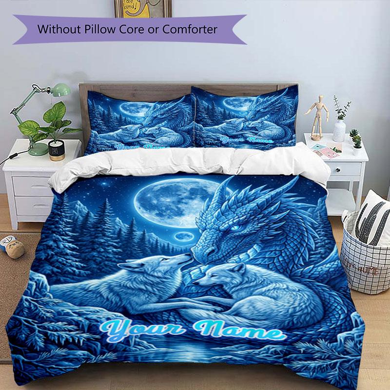 3PC Custom Name Wolf Dragon Night Bedding Set Duvet Cover Closure Includes 1 Duvet Cover & 2 Pillowcases for Bedroom