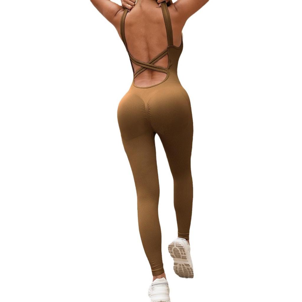 Salopetă Sport Femei Fără Cusături, Fără Spate - Costum Elastic de Yoga cu Pantaloni Lungi cu Efect de Ridicare a Șoldurilor