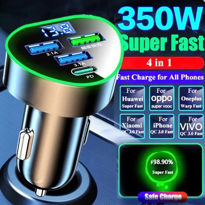 350W Car Phone Charger USB Type C Super Fast Charge In Car with LED Voltage Monitor for IPhone Samsung Huawei Oneplus Vivo Oppo