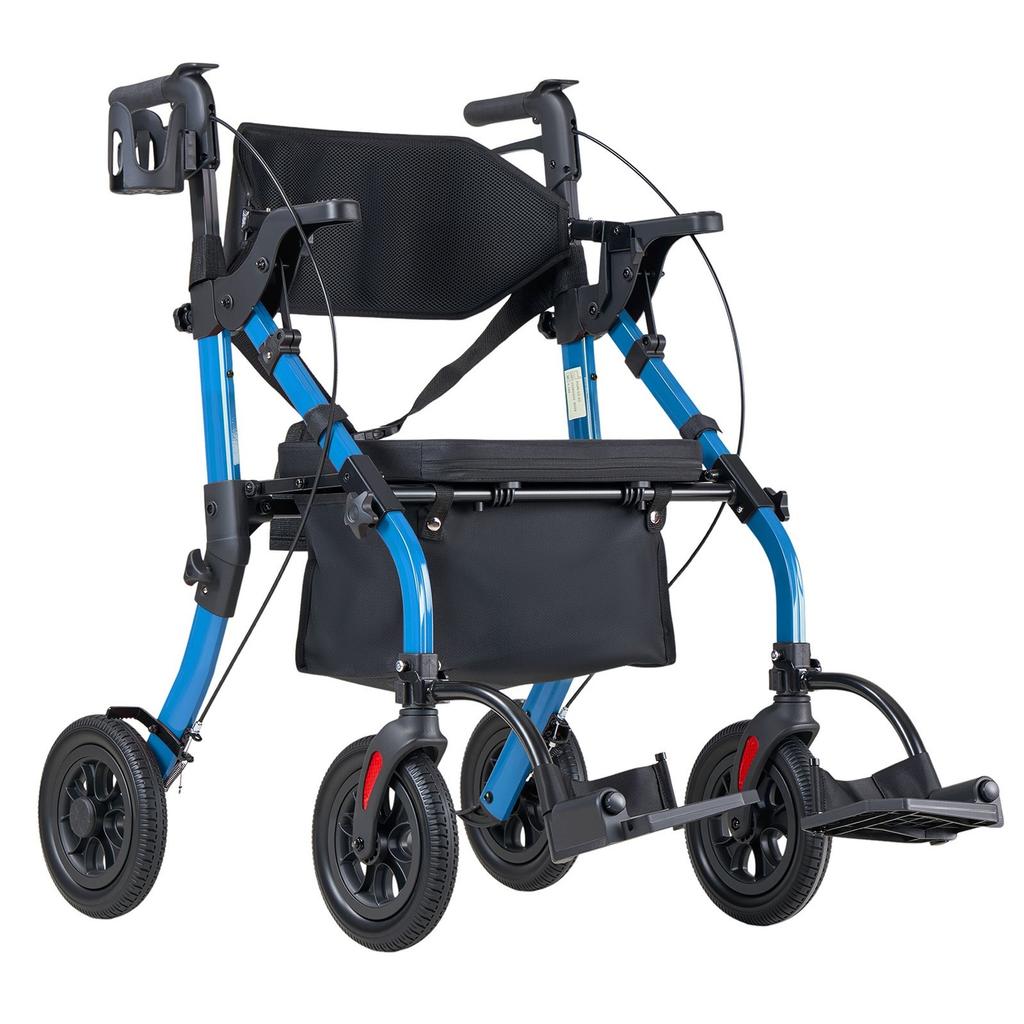 2-in-1 Rollator Walker & Transport Chair for Seniors, Foldable Rolling Walker Wheelchair, Lightweight Aluminum Mobility Walking Aid with Solid PU