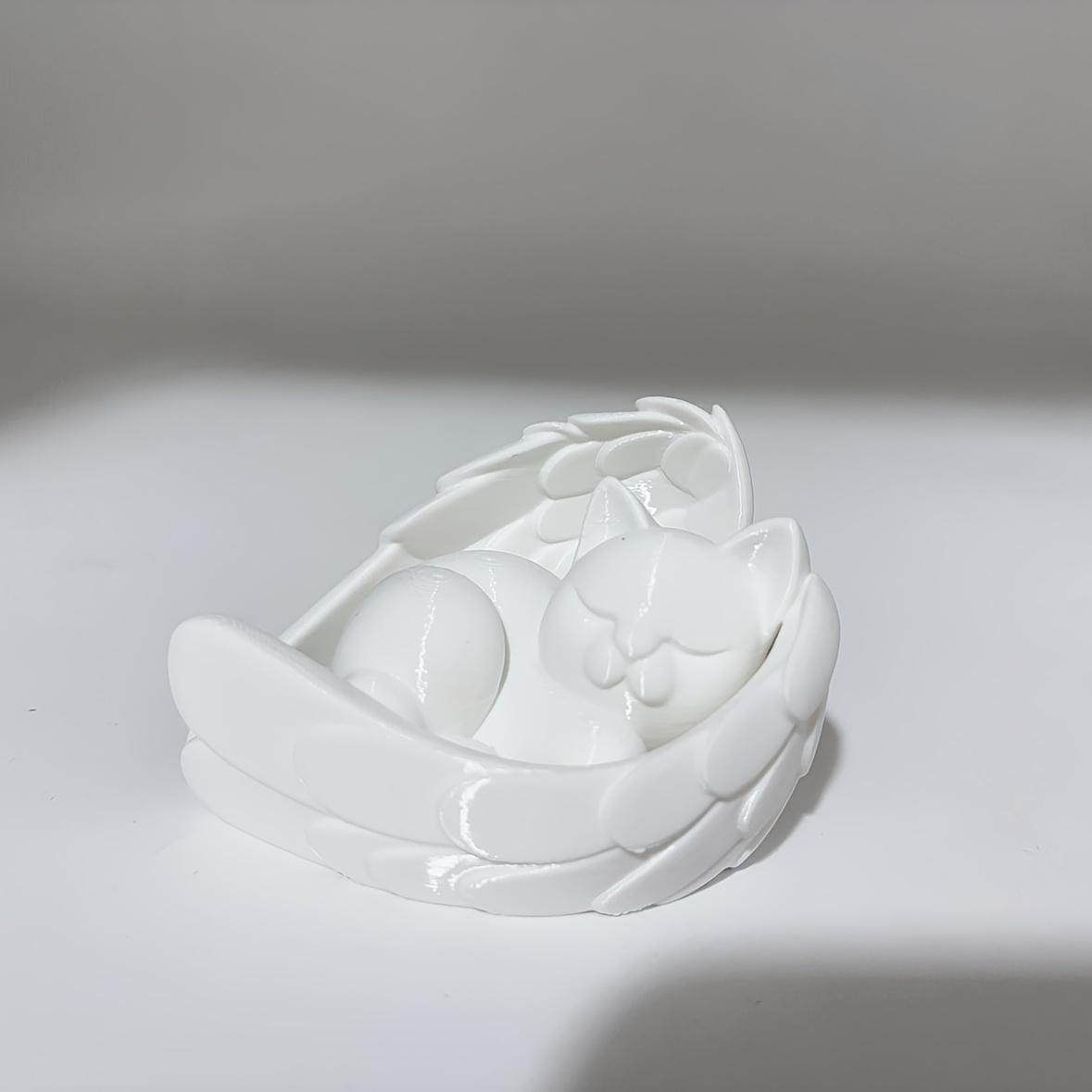 Спящий котенок в гнезде из крыльев, Спящий ангел-кот, скульптура с крыльями, Креативное украшение ангел-кот, Памятник коту