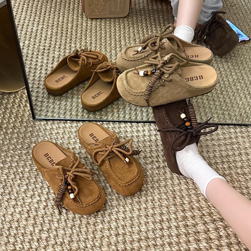 Retro Baotou Bead String with Women's Spring New Thick Bottom Heightening Baotou Half Slippers