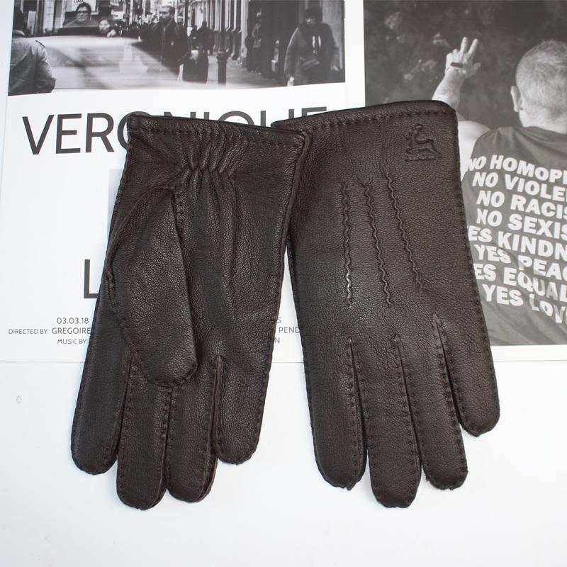 New Men's Deerskin Gloves Touch Screen Hand Sewn Classic Fashion Corrugated Breathable Wool Knit Lining Warm Driving Gloves