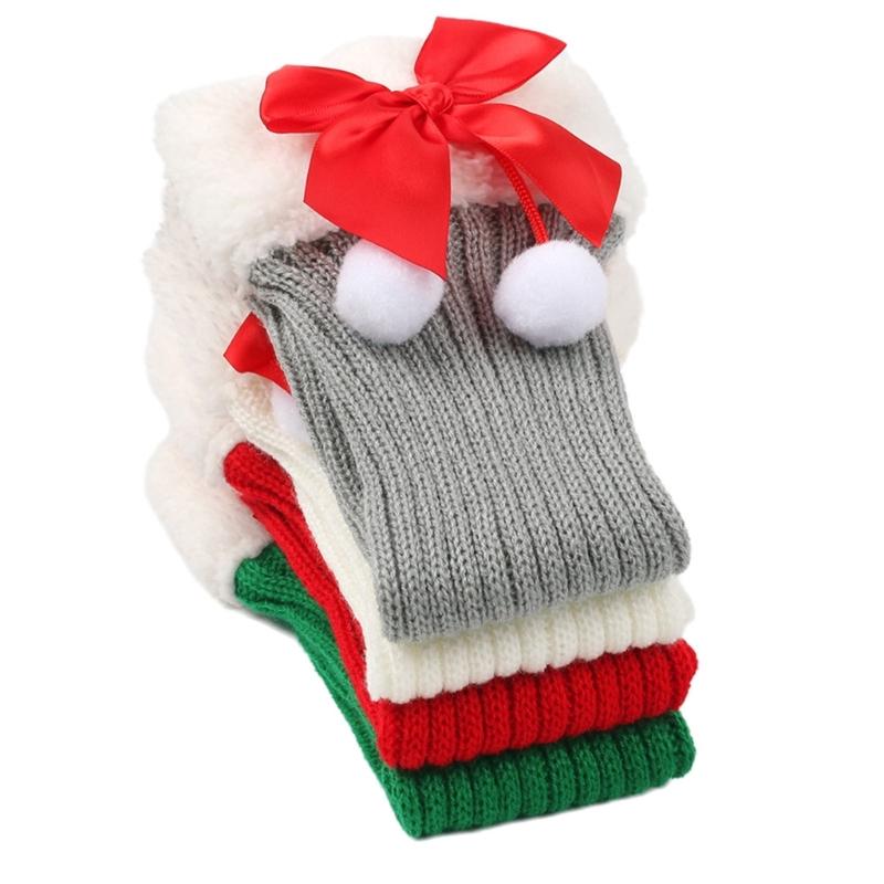 Christmas Fleece Trim Warm Leg Warmers Sweet Plush Balls Bows Knitted Boot Covers Festival Footless Socks for Women