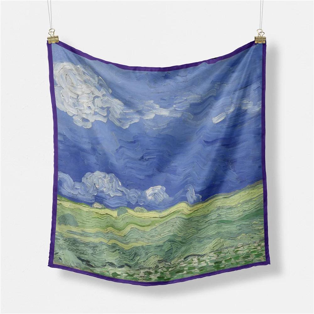 Van Gogh Oil Painting Silk Scarf Fashion Women 53cm Square Scarves Bandana Head Scarf Neck Tie Band Professional Neckerchief