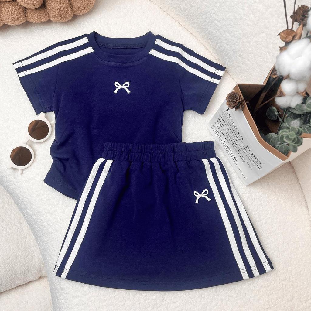 Girls' 2025 Korean Style Blue Cotton Casual Summer Sports Suit - Short-Sleeve Top & Skirt