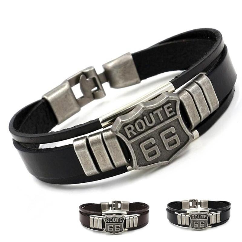 Trendy American Route 66 Printed Pattern Bracelet Men's Bracelet Metal Multilayer Leather Bracelet Accessories New Party Zircon
