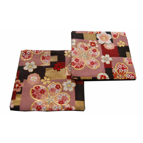 Set of 2 Japanese-style Brocade Kimono Coasters (Beni Sakura)