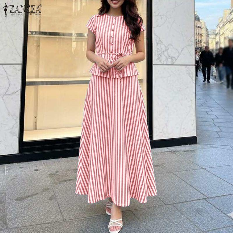ZANZEA Women Short Sleeve Blouse and Long Skirts Stripe Print Two Piece Suit Sets