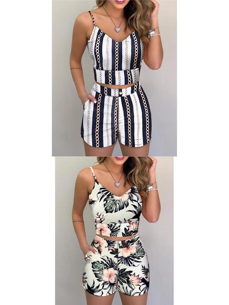 European and American Women's Summer Spaghetti Strap Slim-Fit Printed Shorts Set