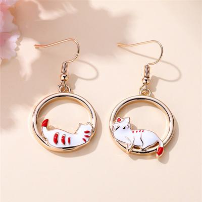 Unique Female White Cat Round Metal Drop Dangle Earrings Cute Gold Color Party For Women