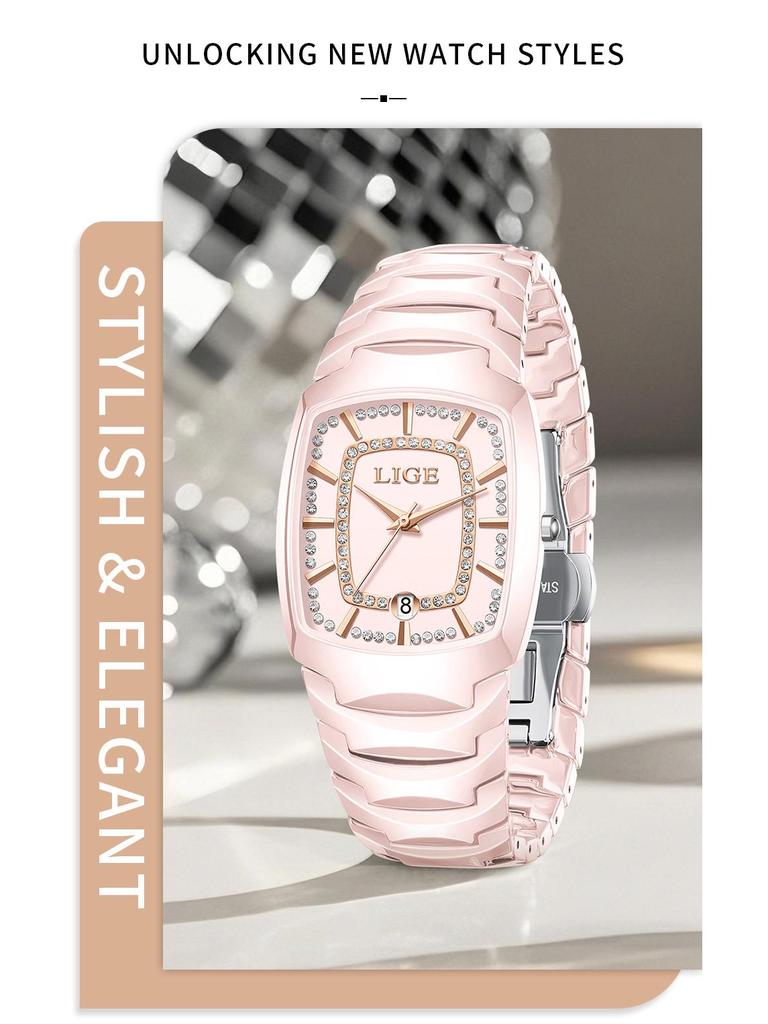 LIGE Fashionable Women's Square Multi-Function Waterproof Quartz Calendar Watch