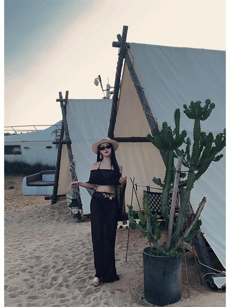 Melanoid Retro Coffee Split Bikini Set: 4-Piece Long Skirt Swimsuit with Flaw Covering, Slimming Fit & Sun Protection for Summer