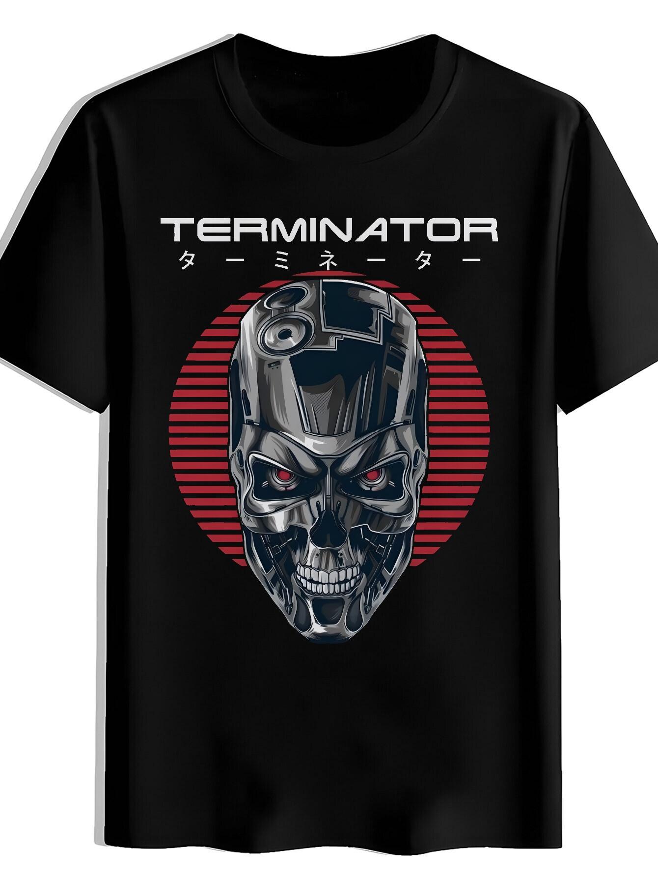 T-shirt Terminator Graphic - Red Glowing Eyes & Metallic Skull Design XS